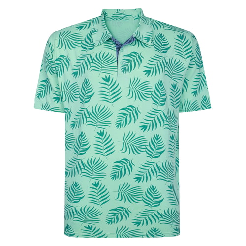 Front view of mint polo shirt with teal tropical leaf print.